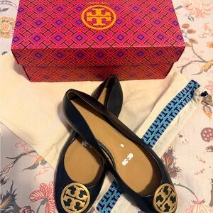 Tory Burch Black Loafers with Gold Emblem